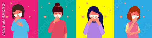 New normal behavior after covid-19, The concept of preventing coronavirus covid-19 infection,Set of woman wearing mask and coughing,Virus germs spread in the air,Cute character,vector illustration