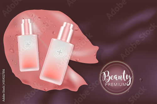 Beauty product ad design, pink cosmetic containers with natural concept advertising background ready to use, luxury skin care banner, illustration vector.	