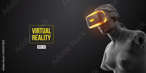 VR headset, future technology concept banner. 3d of the black statue of Venus, woman wearing virtual reality glasses on black background. VR games. Vector illustration. Thanks for watching