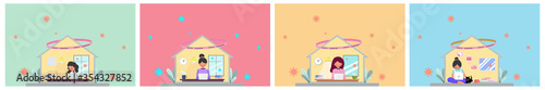 New normal behavior, The concept of preventing covid-19 infection, Social distancing, Cute character, Pink cheek,Set of young woman work from home via internet, vector illustration for graphic design