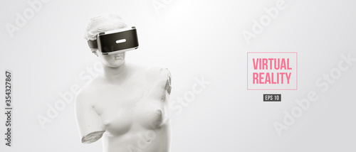 VR headset, future technology concept banner. 3d of the white statue of Venus, woman wearing virtual reality glasses on white background. VR games. Vector illustration. Thanks for watching