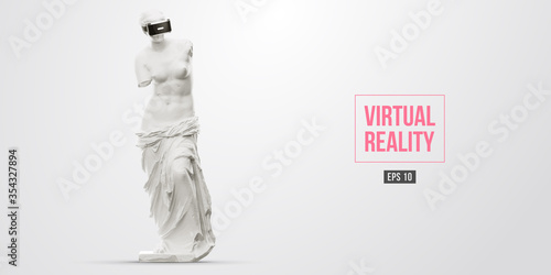 VR headset  future technology concept banner. 3d of the white statue of Venus  woman wearing virtual reality glasses on white background. VR games. Vector illustration. Thanks for watching