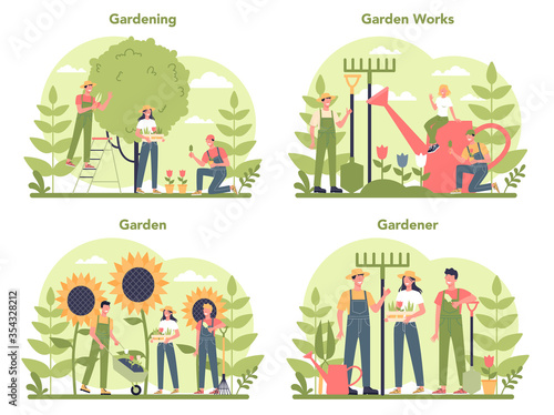 Gardening concept set. Idea of horticultural designer business. Fototapet