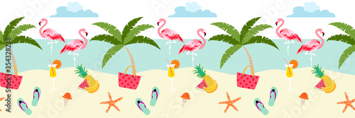Tropical summer beach banner, seamless border background with flamingo bird, summertime fruits and beach bags, ice cream, starfish pattern