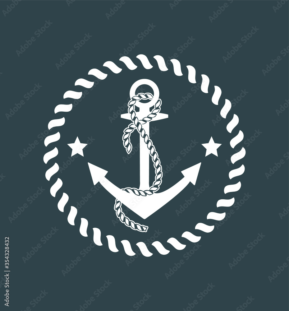 anchor with rope and two stars in round rope frame. Design element for print.