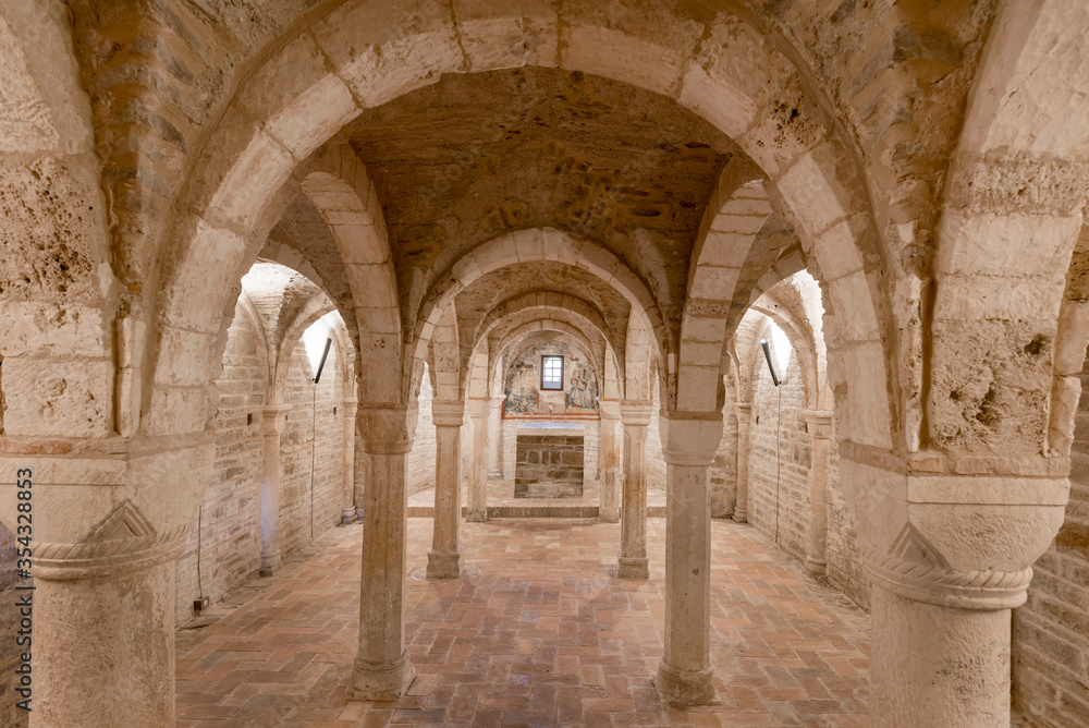 Romanic church of Sant'Ubaldo in Apiro,Italy, view of the crypt with columns and cross vaults