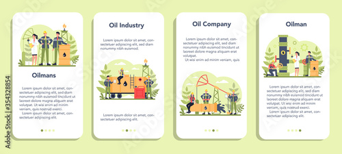 Oilman and petroleum industry mobile application banner set. Pump