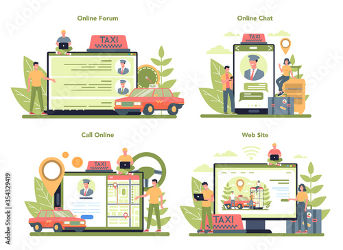 Taxi service online service or platform set. Yellow taxi car.