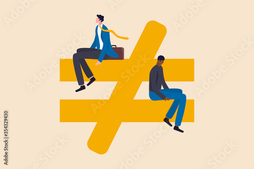 Human inequality and injustice, discrimination and racism as global social issue concept, upper class business man sitting on top of injustice, unfairness symbol with person of color at the bottom. photo
