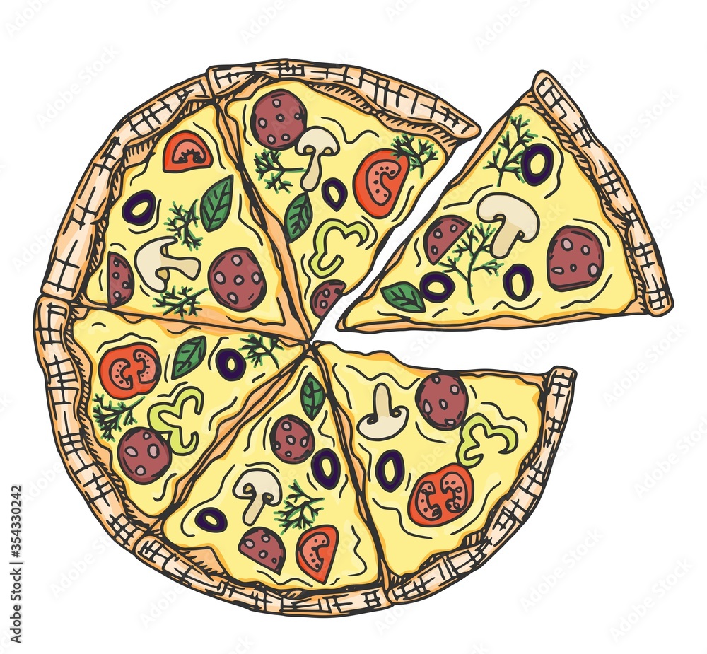 delicious italian thin-crust pizza. doodle sketch