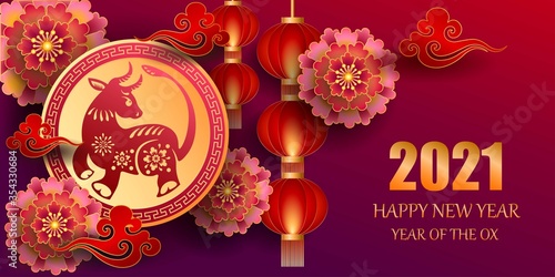 Happy new year 2021 / Chinese new year / Year of the ox / Zodiac sign for greetings card, invitation, posters, brochure, calendar, flyers, banners.