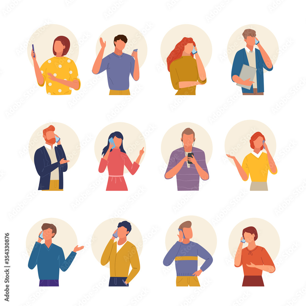 People talking phone large set. Communication in quarantine mode, doing business smartphone mobile phone guy girl communication conversation about life latest news. Color vector cartoon style. People talking phone large set. Communication in quarantine mode, doing business smartphone mobile phone guy girl communication conversation about life latest news. Color vector cartoon style.