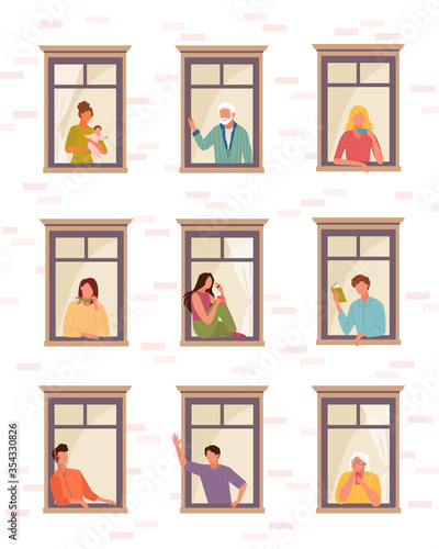Stay home people self isolation . People life in quarantine open windows guy listens music reads book greets woman child girl drinks coffee speaks phone, elderly people look outside. Clipart vector.