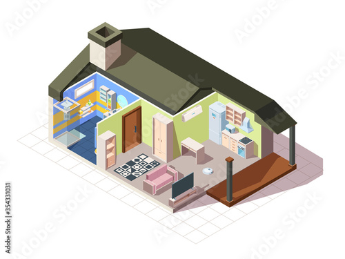 Infographic house room isometric. Illustration residential building in context fashionable layout living room kitchen bathroom toilet modern plan completing living space. Isometric cartoon vector.