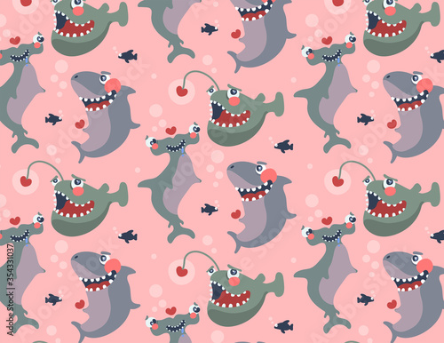 Seamless pattern with cute characters, lovely fishes with cheeks, pink background