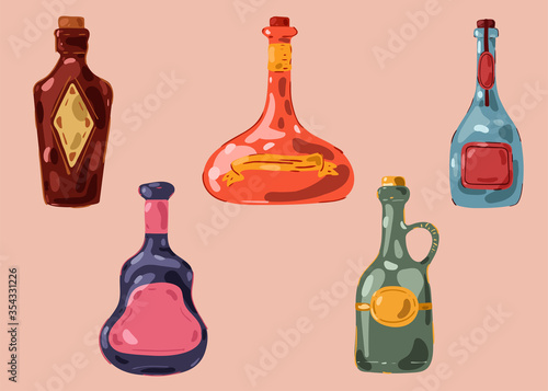 Set of hand drawn bottles in bright colors, bottles for alcohol: champagne, cognac, wine and liqueur 