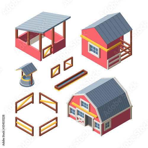 Farm isometric buildings set. Warehouse storing grain hay drinking bowl animals barn wooden fence retro well chicken coop. Organic vector farm.