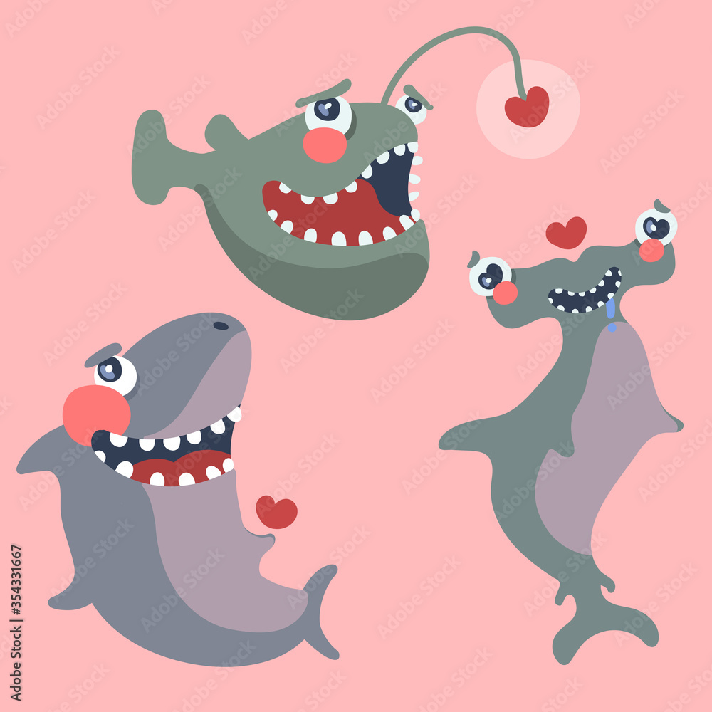 Fototapeta premium Cute characters, different ocean inhabitants: shark, great hammerhead, angler fish