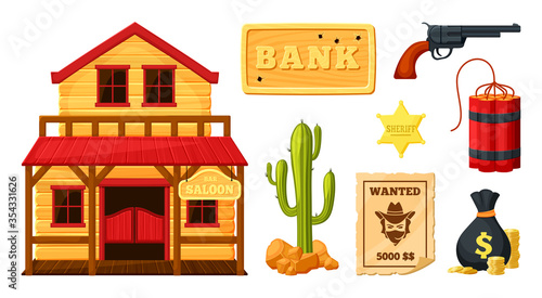 Wild west set. Old wooden saloon bar green cactus in stones, sheriff star revolver dynamite bunch bag money advertisement is wanted bank sign bullet holes. Colorful cartoon vector.