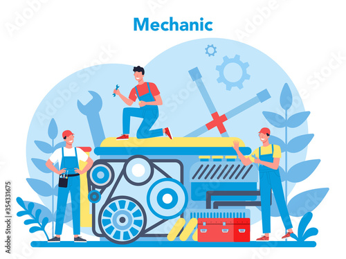 Car service concept. People repair car using professional tool.