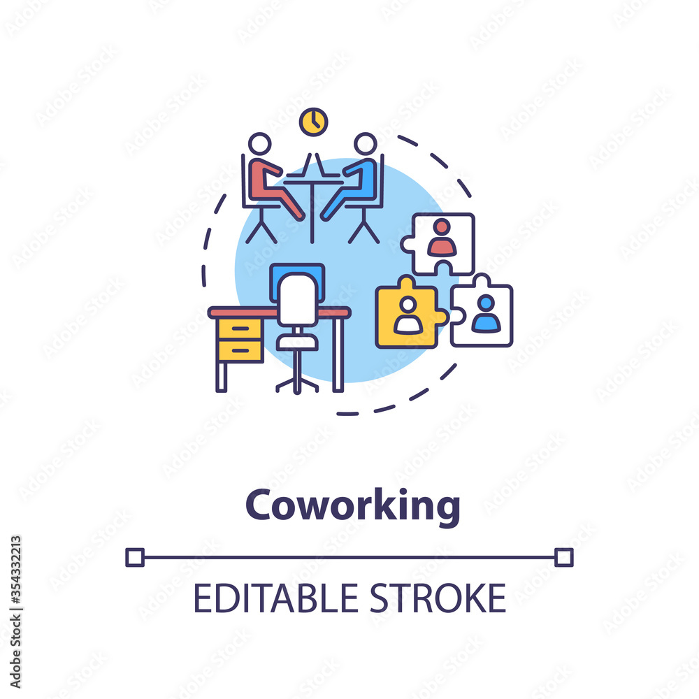 Coworking concept icon. Cooperation for startup project. Work space for business partners. Shared workspace idea thin line illustration. Vector isolated outline RGB color drawing. Editable stroke Coworking concept icon. Cooperation for startup project. Work space for business partners. Shared workspace idea thin line illustration. Vector isolated outline RGB color drawing. Editable stroke