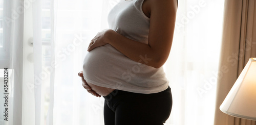 Young pregnant woman standing by the window at home, mom feel happy with her pregnant Free Download Young pregnant woman standing by the window at home, mom feel happy with her pregnant - GFXLoad