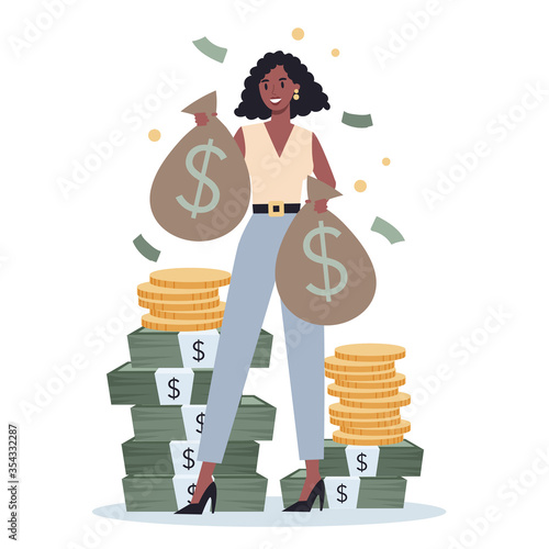 Business person with money. Happy successfull woman with a bag