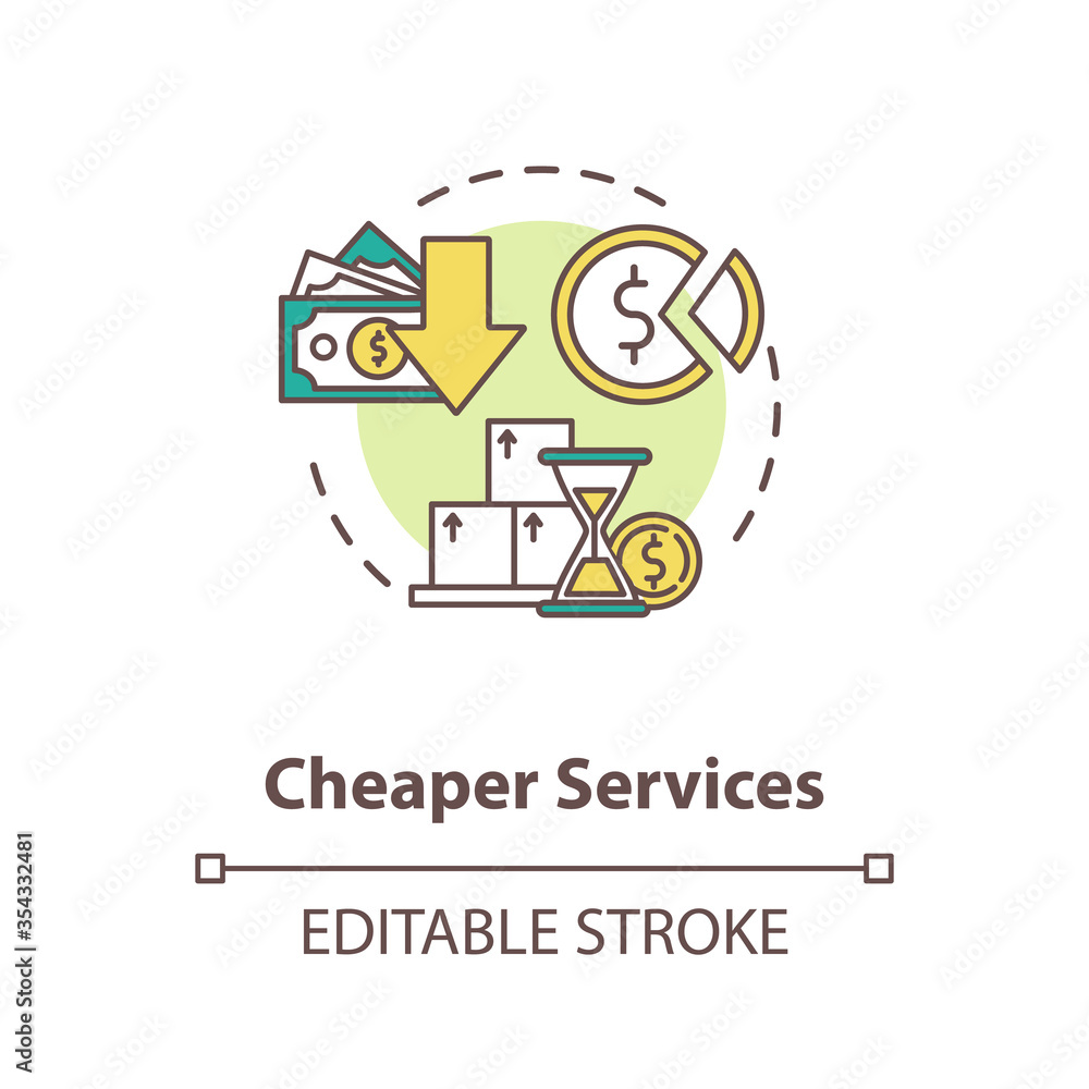 Cheaper services concept icon. Marketing strategy. Trading solution. Commerce, money. Reduces price for product idea thin line illustration. Vector isolated outline RGB color drawing. Editable stroke Cheaper services concept icon. Marketing strategy. Trading solution. Commerce, money. Reduces price for product idea thin line illustration. Vector isolated outline RGB color drawing. Editable stroke