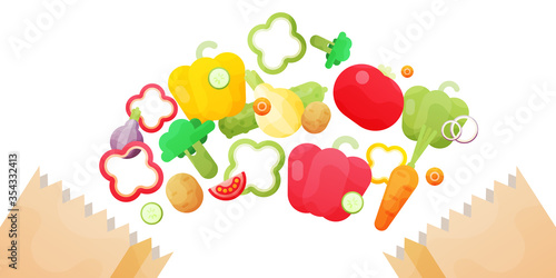 Vector illustration with Paper bags with fresh organic vegetables isolated on white background.