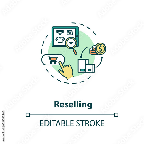 Reselling concept icon. Internet shopping. E commerce to purchase product. Sell used goods online idea thin line illustration. Vector isolated outline RGB color drawing. Editable stroke