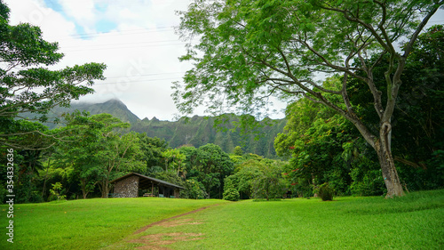 A house in a tropical forest with green mountains in Hawaii, O'ahu Island