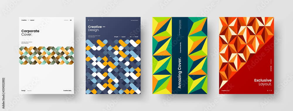 Company identity brochure template collection. Business presentation vector A4 vertical orientation front page mock up set. Corporate report cover abstract geometric illustration design layout bundle. Company identity brochure template collection. Business presentation vector A4 vertical orientation front page mock up set. Corporate report cover abstract geometric illustration design layout bundle.