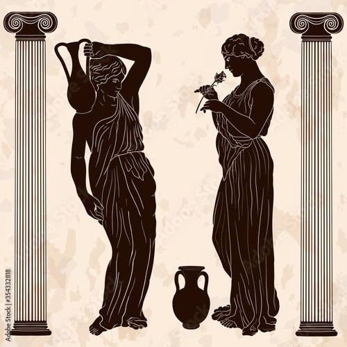 Two young slender ancient Greek women in jugs are standing and talking.