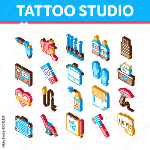 Tattoo Studio Tool Icons Set Vector. Isometric Tattoo Studio Machine And Razor Equipment, Chair And Case, Cream And Ink Bottles Illustrations