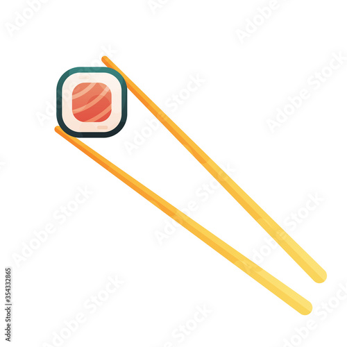 chopsticks holding sushi roll. concept of snack, susi, exotic nutrition, sushi restaurant, sea food.