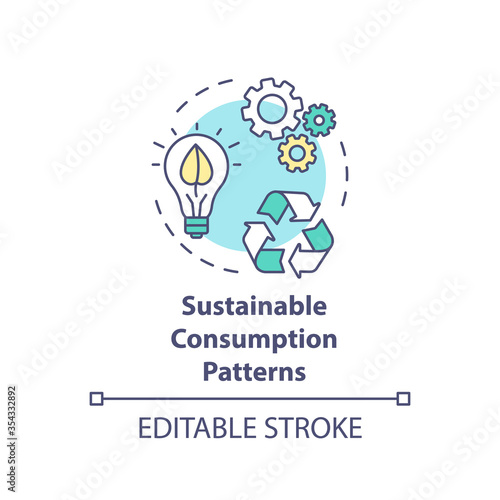 Sustainable consumption pattern concept icon. Eco friendly production. Reduce waste from power resource usage idea thin line illustration. Vector isolated outline RGB color drawing. Editable stroke