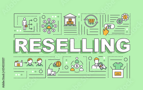 Reselling word concepts banner. Peer to peer economy, used goods trading service infographics with linear icons on green background. Isolated typography. Vector outline RGB color illustration