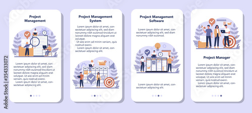Project management mobile application banner set. Successful