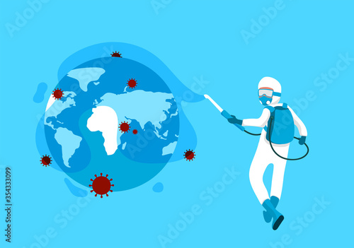 Restart business concept,cleaning COVID-19 Coronavirus disinfect, clean and kill virus pathogen prevent outbreak spreading concept, worker cleaning sanitize chemical to disinfect virus pathogen