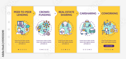 Sharing economy onboarding vector template. Collaborative consumption, innovative business models. Responsive mobile website with icons. Webpage walkthrough step screens. RGB color concept