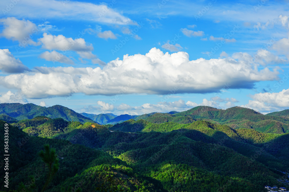 Landscape of the green mountains near Kyoto with sun and beautiful clouds, Japan Landscape of the green mountains near Kyoto with sun and beautiful clouds, Japan
