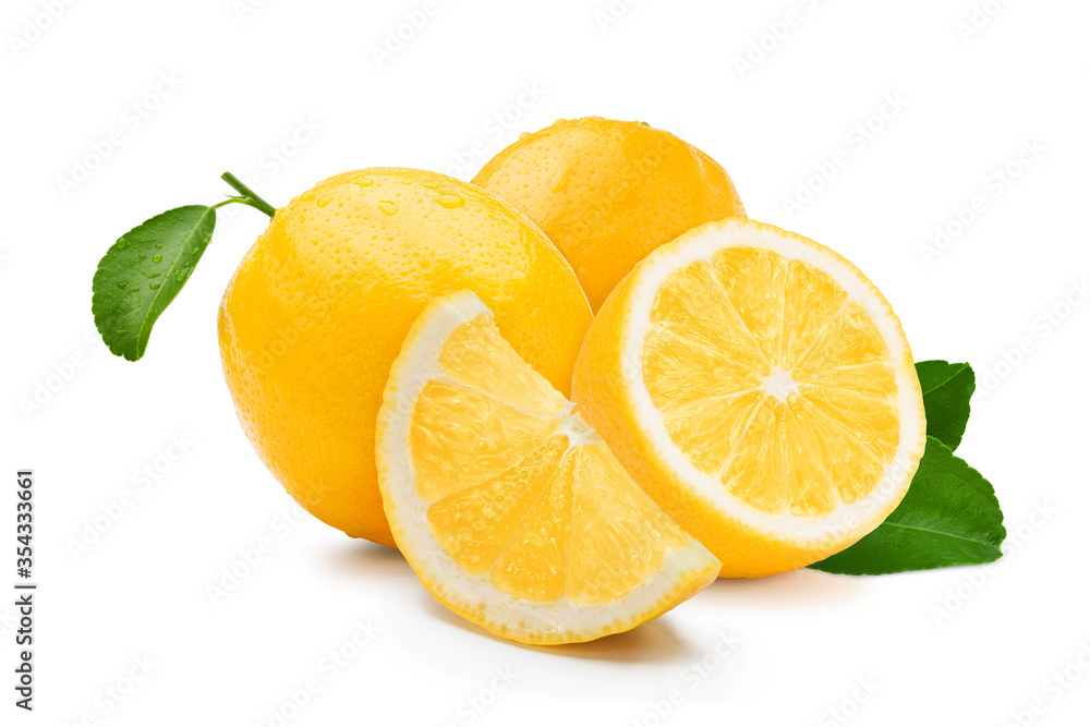 Group of lemon with green leaf. Clipping path.