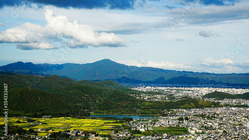 Landscape of Kyoto with mountains and clouds from aerial view, Japan