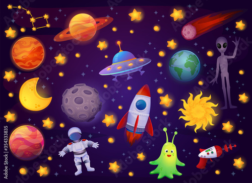 Fototapeta Naklejka Na Ścianę i Meble -  Cartoon cosmos illustration set, design elements for any purposes. Kid abstract spaceship, planets, stars aliens and UFO. Vector print or banner for Halloween. Science concept. Space exploration.