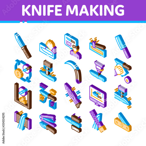 Knife Making Utensil Icons Set Vector. Isometric Sharpening And Machine Knife Making, Sizes On Web Site And Characteristics Illustrations