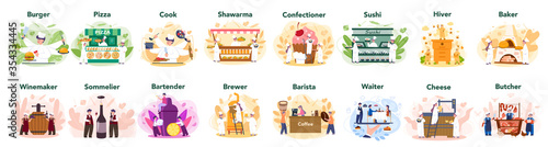 People cooking and preparing food set. Restaurant chef cooking