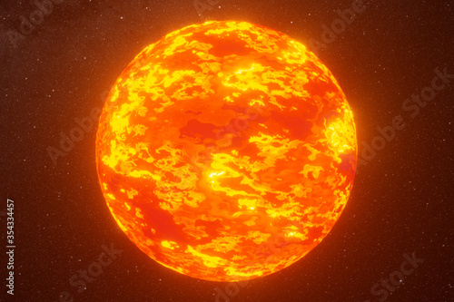 Sun surface with solar flares. The Sun spinning in space against 3D star background. 3d illustration