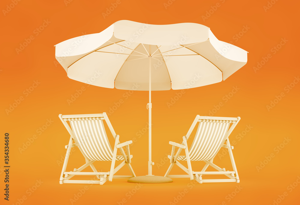 Couple's Vacation Spot. Two deck chairs and a parasol in between of them are on vivid orange background. 3D rendering graphics on the theme of Summer Vacation. Couple's Vacation Spot. Two deck chairs and a parasol in between of them are on vivid orange background. 3D rendering graphics on the theme of Summer Vacation.
