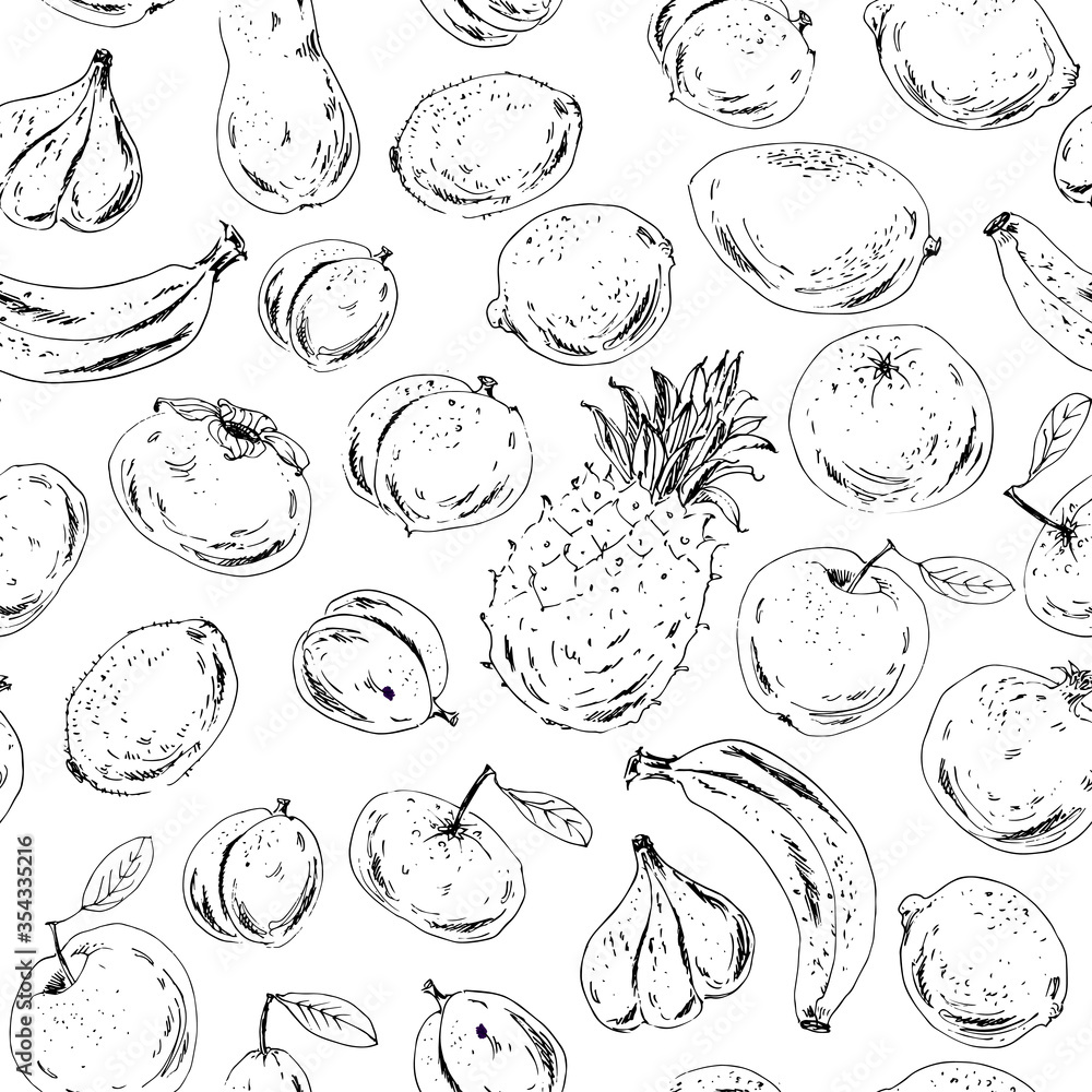Hand drawn seamless pattern. Ink sketch fruits. Hand drawn seamless pattern. Ink sketch fruits.