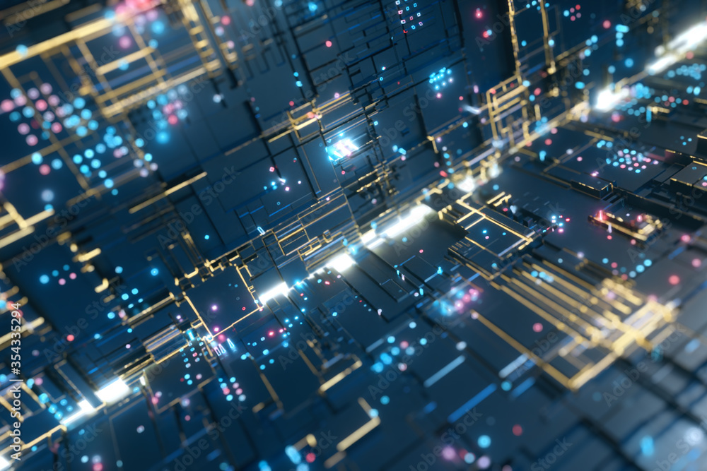 Abstract big data transfer. Binary processing is handled by the computer motherboard. Futuristic processing of server code. Blue technology background with bokeh. 3d illustration Abstract big data transfer. Binary processing is handled by the computer motherboard. Futuristic processing of server code. Blue technology background with bokeh. 3d illustration